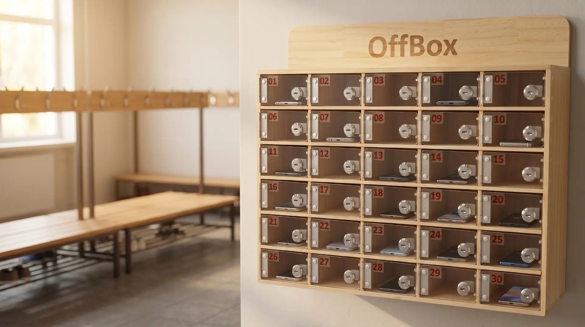 Uzamykatelná skříňka na mobily a chytré hodinky do školy — dřevěný OffBox Wood 30 se 30 schránkami