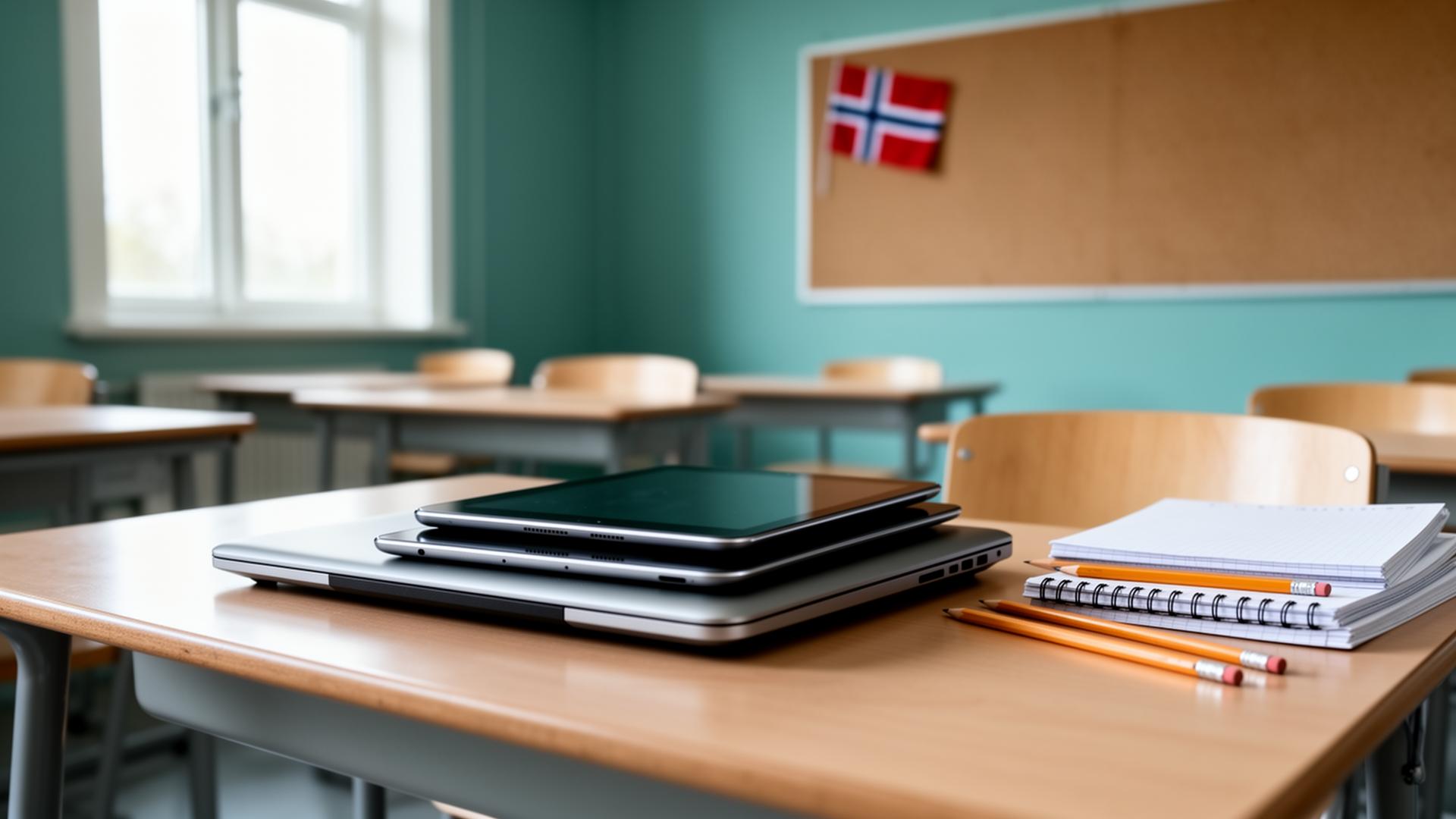Stoh tabletů a notebooku na školní lavici, v pozadí prázdná severská třída s norskou vlajkou