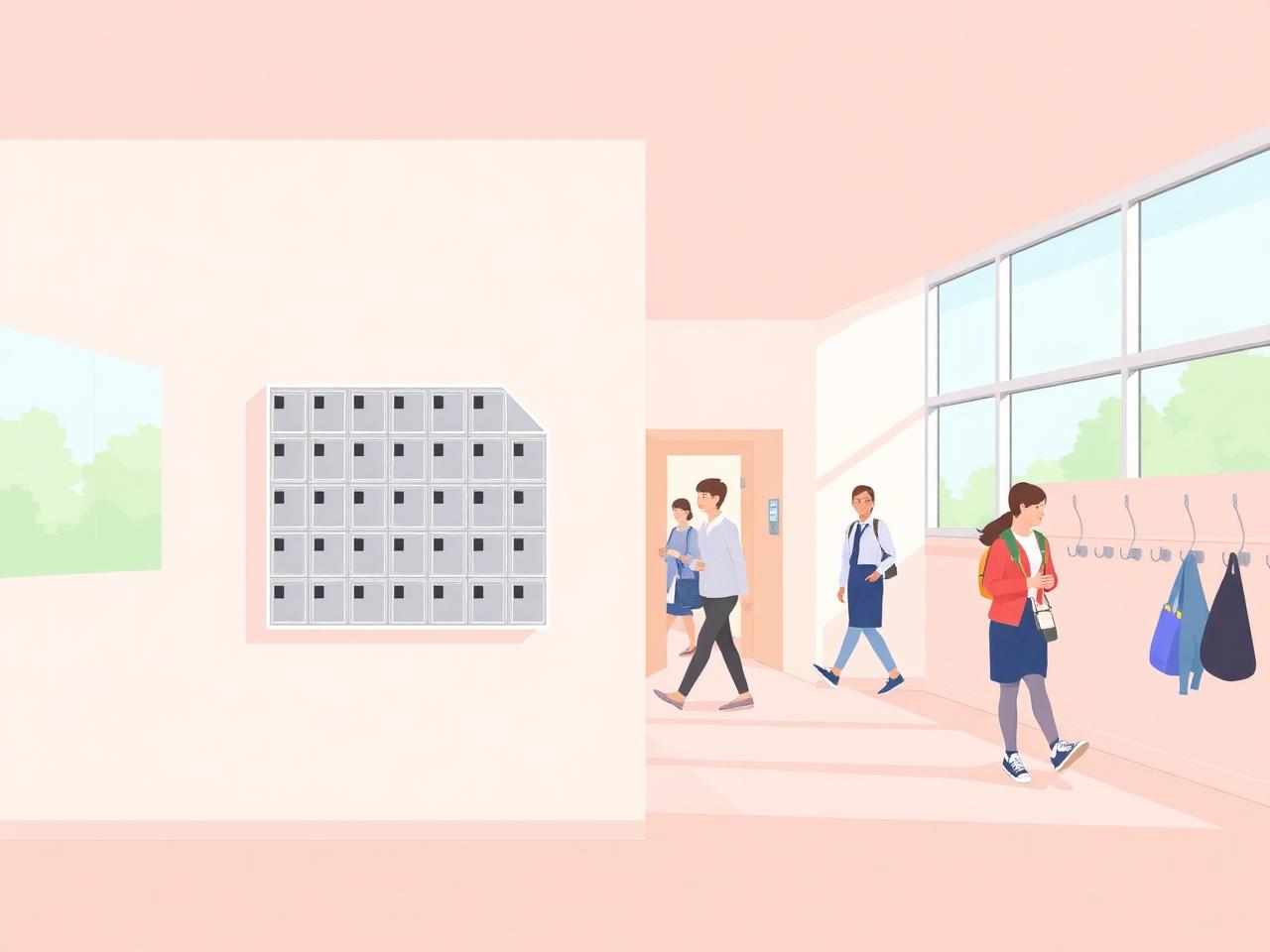 OffBox na stěně školní chodby se studenty — ilustrace instalace v prostorách školy